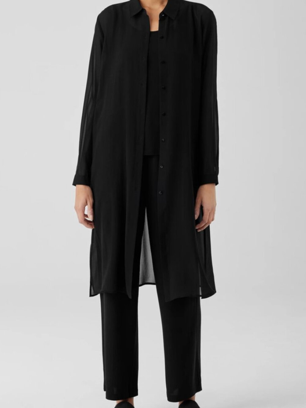 Eileen Fisher Sheer Silk Georgette Black Long-Sleeve Button-Front Long Shirt